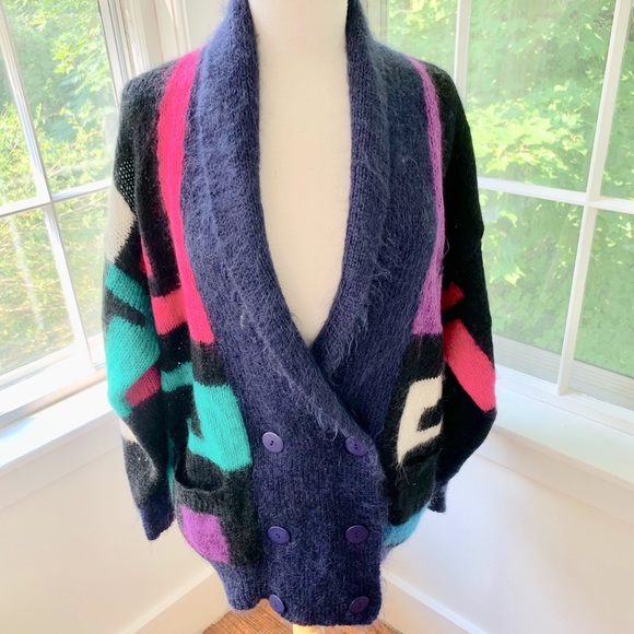 Vintage Sweaters - VINTAGE 80’s oversized colorful mohair cardigan